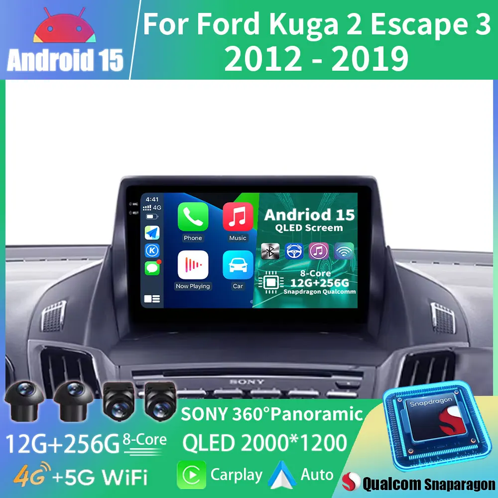 Android 15 Car Radio For Ford Kuga 2 Escape 3 2012 - 2019 Multimedia Stereo Player NAVI BT Head Unit Wireless Carplay 360 Camera