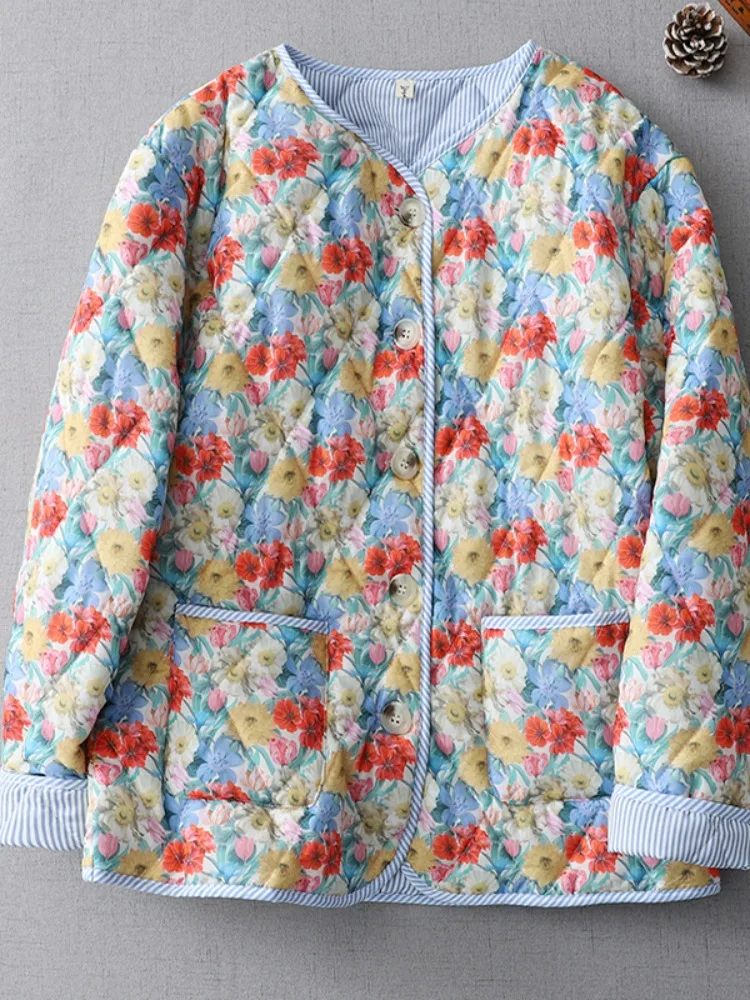 

Floral Print Thiened Cotton Jaet Women's Winter New Sle Small Size Quilted Young Slimming Outerwear Casual Commute