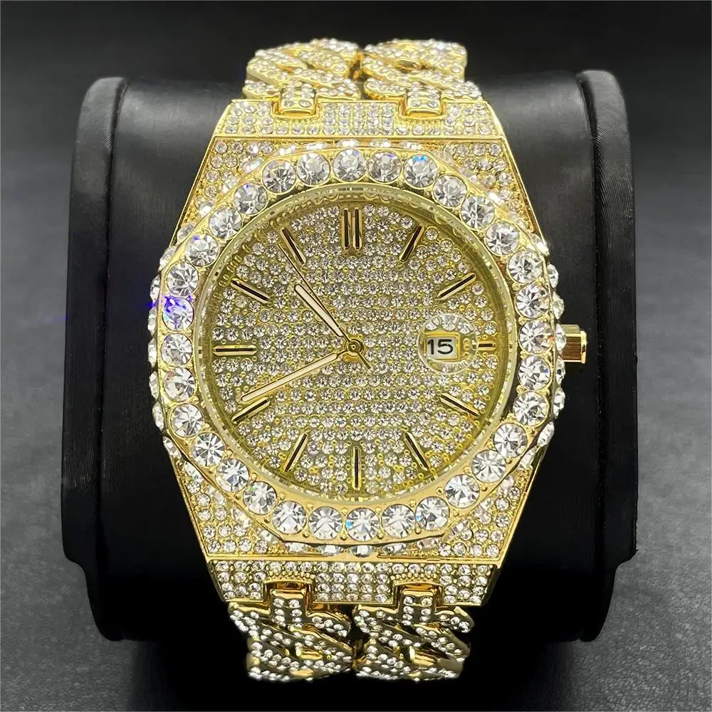 2024 Luxury Gold Watch For Men Brand PLADEN Stainless Steel Iced Out Quartz Wristwatch Hip Hop Big Diamond Cuban Chain Clock Man