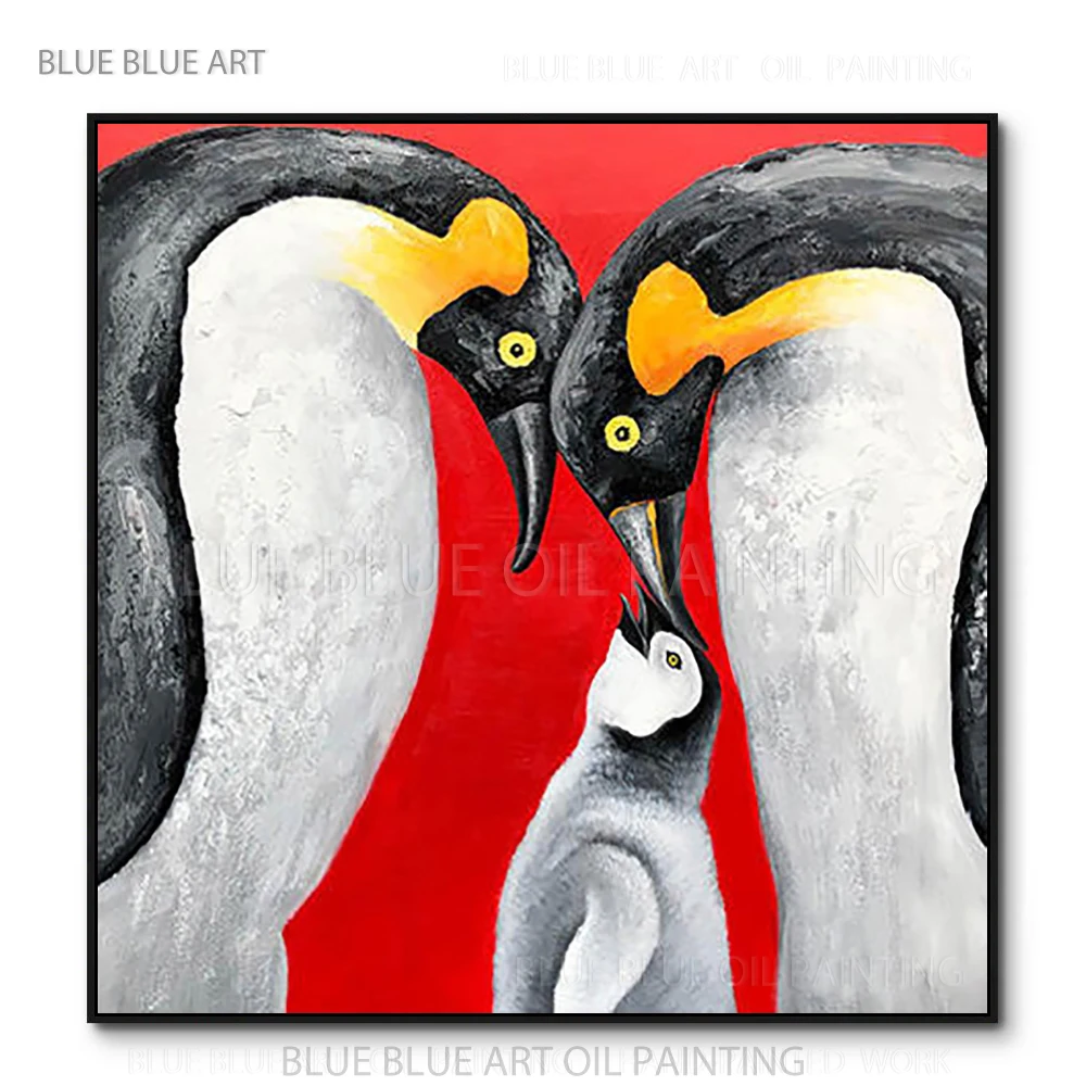 

Professional Artist Hand-painted Funny Animal Penguin Oil Painting on Canvas Lovely Animal Family Acrylic Painting for Home Art