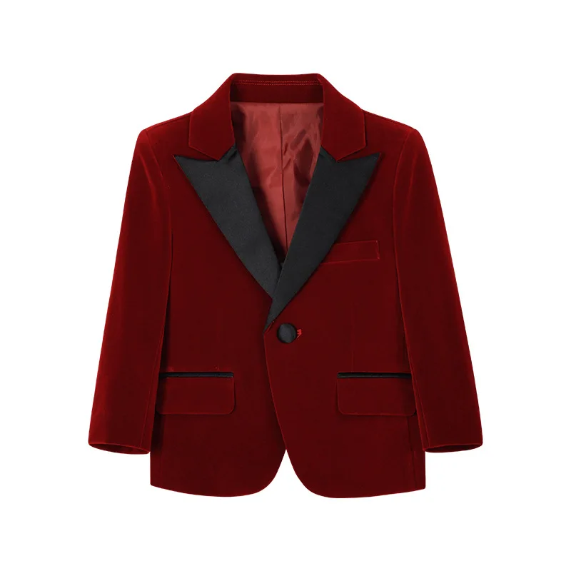 Teen Boys Velvet Tuxedo Blazer Red Formal Dinner Jacket with Black Satin Lapel Kids Wedding Party Stage Performance Coat 2-14Y