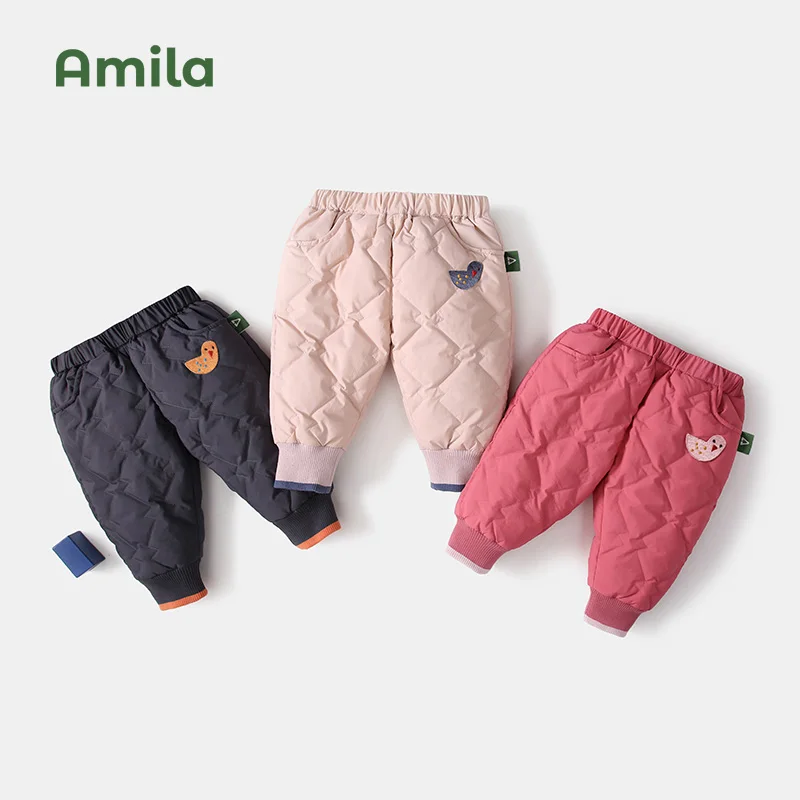 

Amila Kids Down Pants 2024 Winter New Solid Color Plaid Trousers Thick Warm Outer Boys And Girls Children's Fashion Clothing