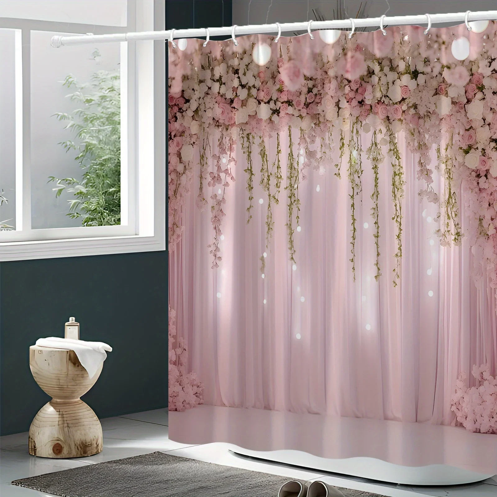 

Romantic Pink Floral Shower Curtain - Cascading Rose Design for Dreamy Bathroom Décor, Waterproof, Easy Care & Soft Fabric