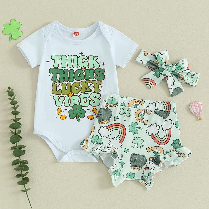 

2023-12-13 Lioraitiin Newborn Baby Girls St Patrick's Day Clothes Set Short Sleeve Ruffle Letters Shamrock Print Romper 3PCS