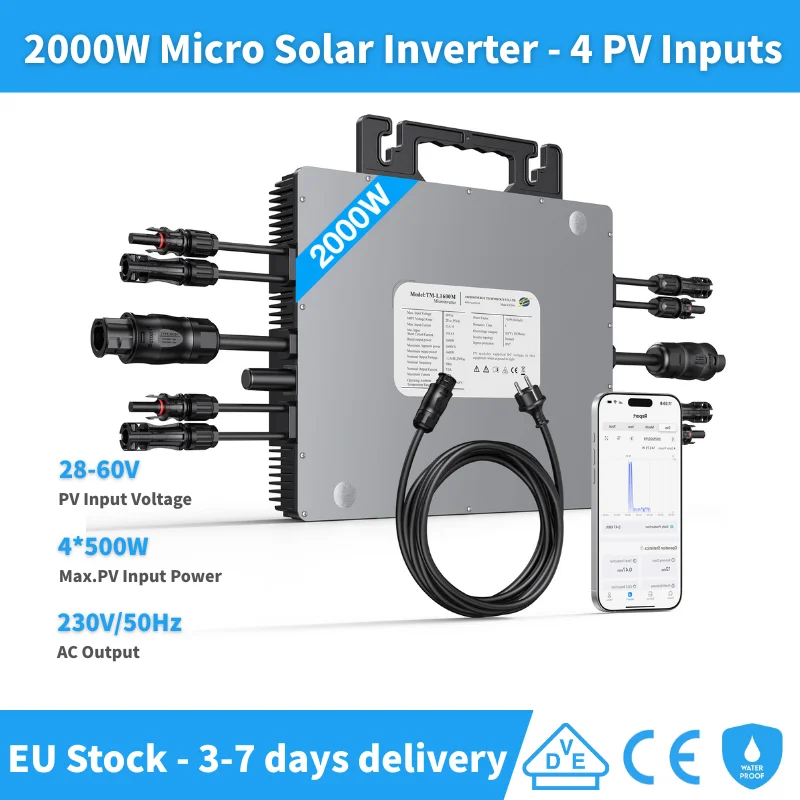 Mikrowechselrichter IP67 2000W für 230VAC 50Hz Netzwerk für Balkon-Solarsystem mit 4 PV-MPPT-Eingängen, Plug & Play und integriertem WLAN.