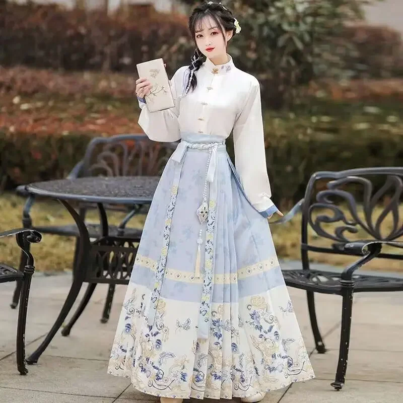 

2pcs Set Hanfu Horse Face Skirt Modern Women Spring Long Sleeve Blue Black Shirt+Skirt Chinese Hanfu Horse Face Skirt For Women