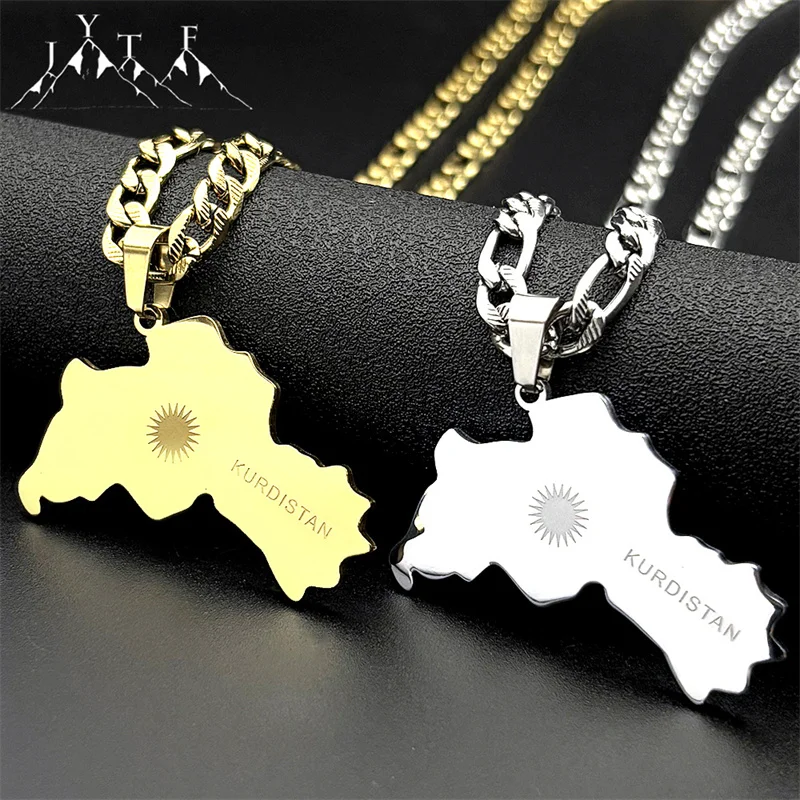 

Kurdistan Map Flag Sun Pendant Necklace for Men Women Stainless Steel Gold Color Ethnic Geography Hip Hop Cuban Chain Jewelry