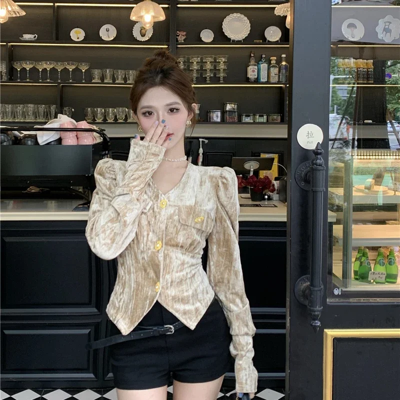 2024 Autumn and Winter New Women Top Bubble Sleeves V-Neck Gold Velvet Top Elegant Slim Versatile Y2k Top Female