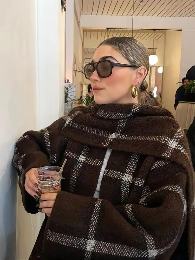 

HH Autumn Women Loose Short Cardigan Female Casual Plaid Scarf Collar Pocket Decoration Long Sleeve Knitted Street Coat