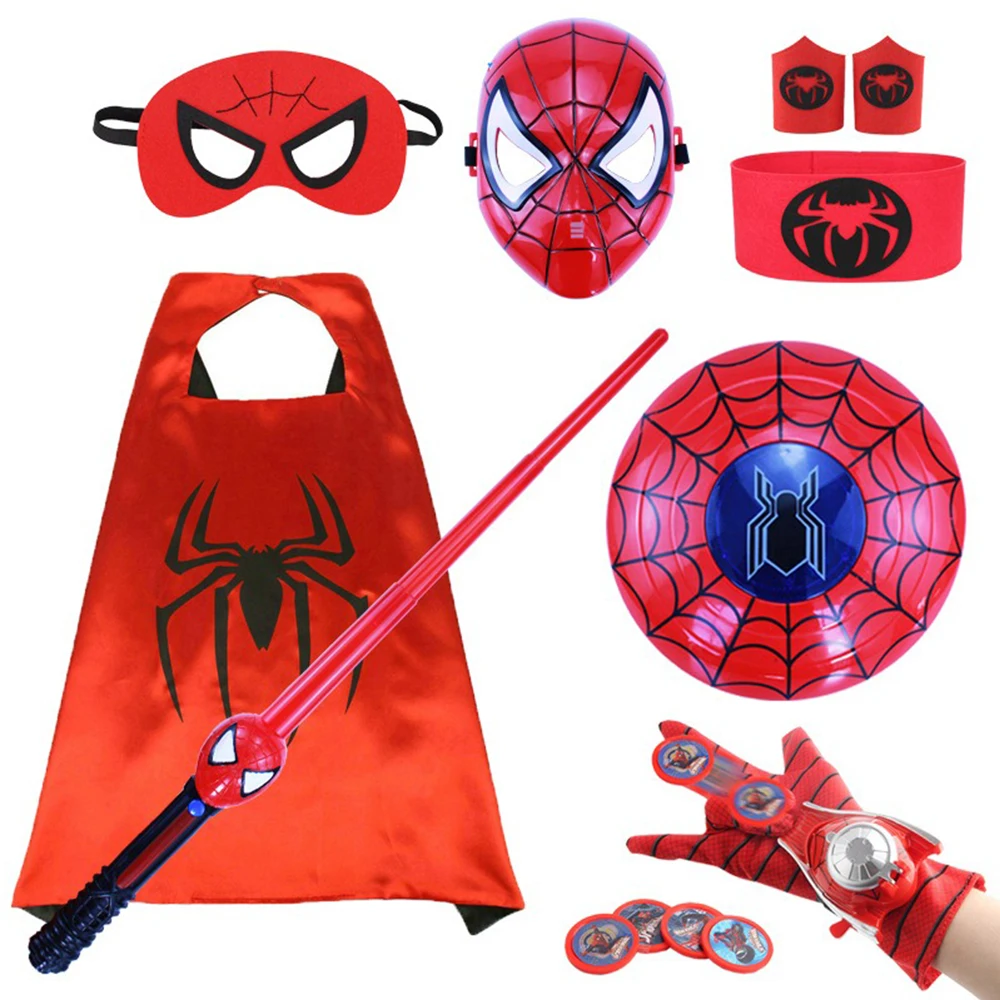 

Фигурка супергероя Человека-паука, светодиодный звуковой свет, маска Человека-паука, щит, меч, игрушки, пусковая установка для перчаток, реквизит для косплея на Хэллоуин