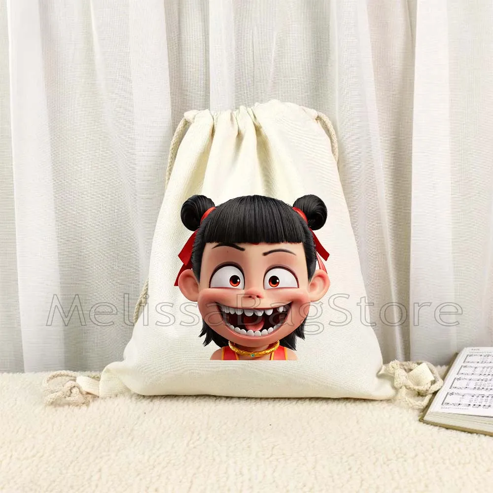 Cute Cartoon Ne Zha Ao Bing The Demon Boy Chinese Anime Gifts Canvas Drawstring Backpack Bags Sports Gym Sackpack String Bag