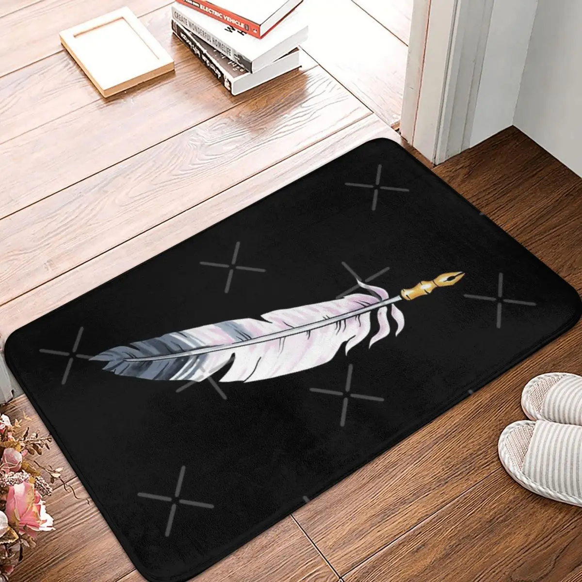 Pastel Quill - Feather Pen On Black Facecloth Non-Slip Floor Mat FireplaceThick And Comfortable, Durable Foot Mats