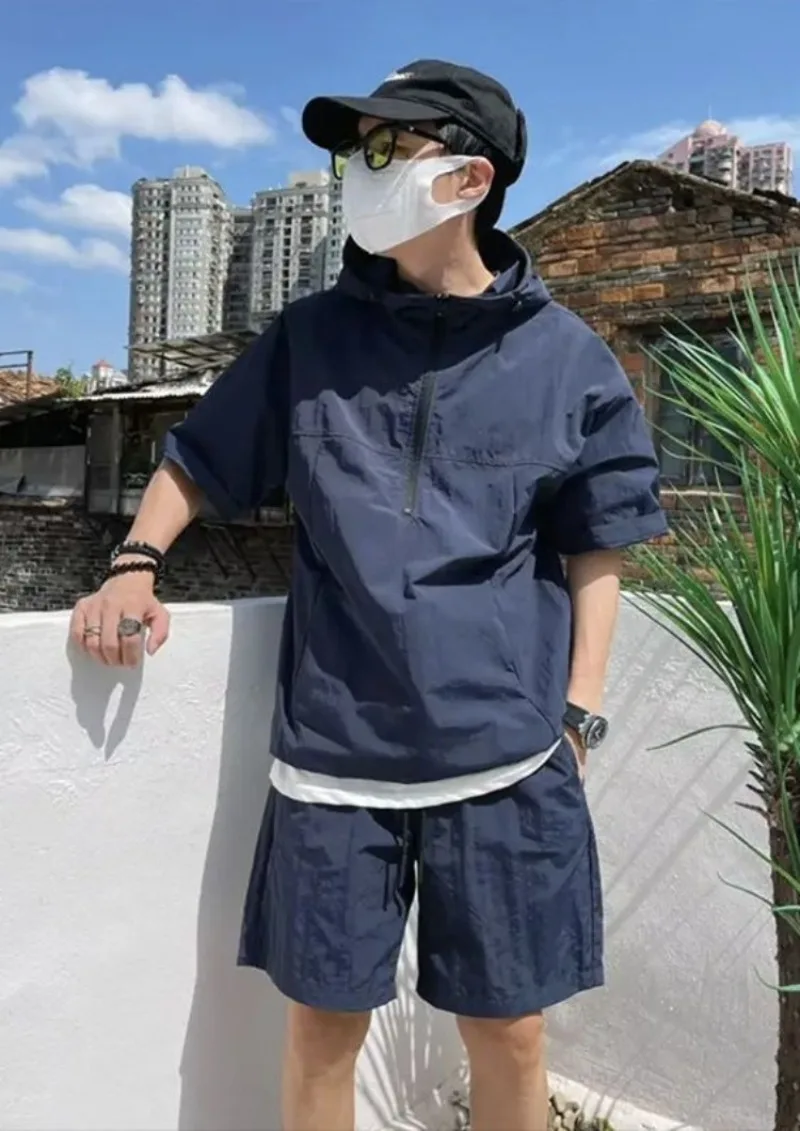 

Summer Men Japanese Style Workwear Set Short Sleeve Shorts Casual Loose Jacket Shirt Thin Hoodie