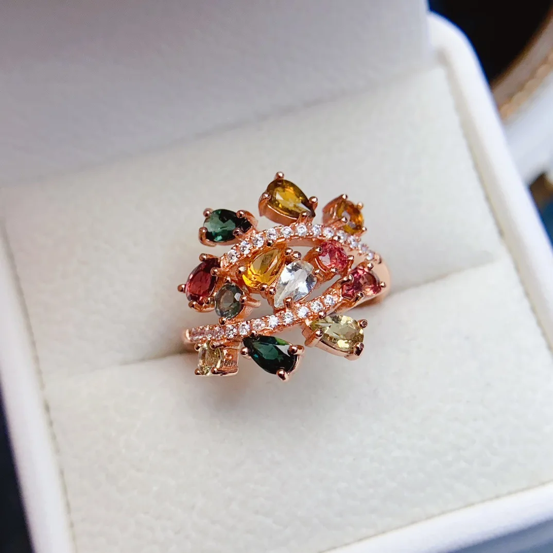 Natural Multi Color Tourmaline Ring 3\*5mm Pear Stone Rose Gold Plated S925 Silver Adjustable Women Rainbow Gem Ring