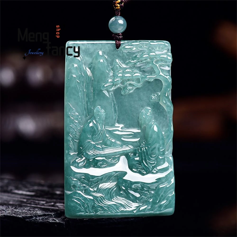 Natural A-grade Blue Water Jadeite Flowing Water Companion Buddha Brand Ice Seed Jade Stone Pendant Fashion Jewelry Holiday Gift