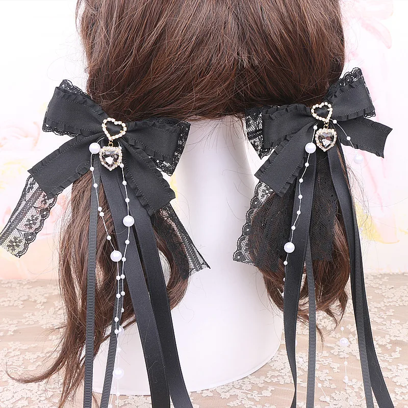 Women Barrettes Handmade Japanese Sweet Cute New Headwear Pearl Rhinestone Heart-Shaped Lace Hair Clips Lolita Hair Accessories