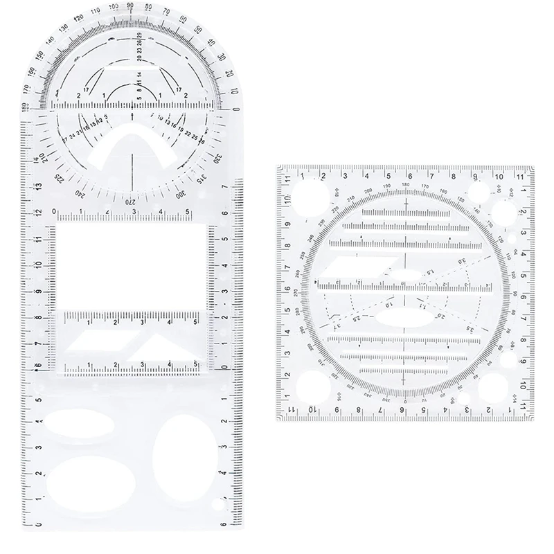 2 Pack Multifunctional Geometric Ruler Rotatable Round Complex Pattern Quick Measuring Tool Drawing Template Rulers Set