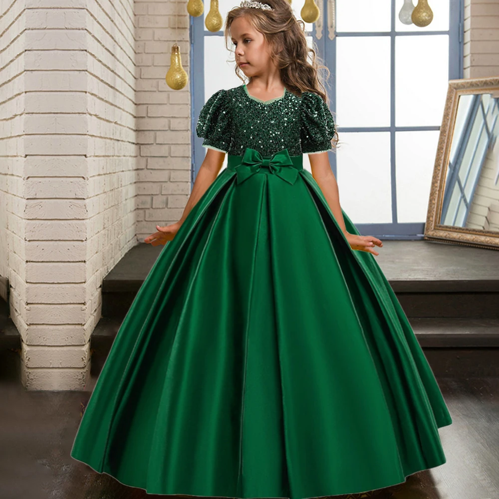 Christmas Sequin Bridesmaid Girl Dresses Elegant Bow Wedding Party Princess Prom Kids Dress For Girls Birthday Evening Costumes