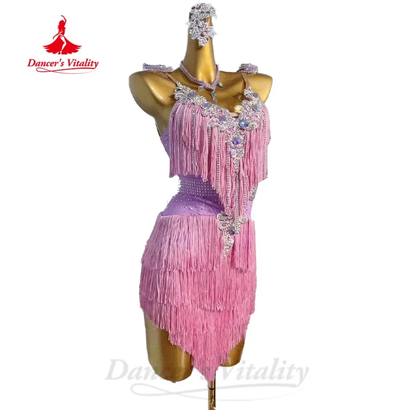 Latin Dance Fringe Jurk voor Vrouwen Rumba Chacha Tango Prestaties Kwastje Rok Kostuum Aangepaste Volwassen Kind Latin Dansjurken