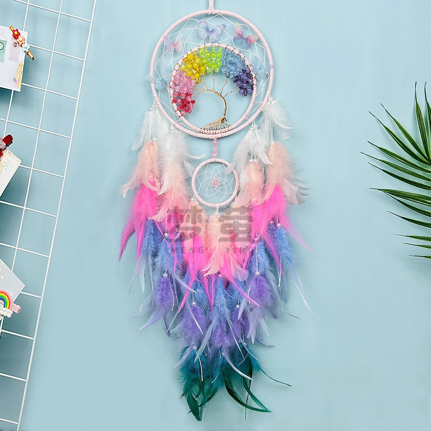 

[Mengying Original] High-end colorful crystal stone dream catcher pendant hand-woven tree of life wind chime ornament