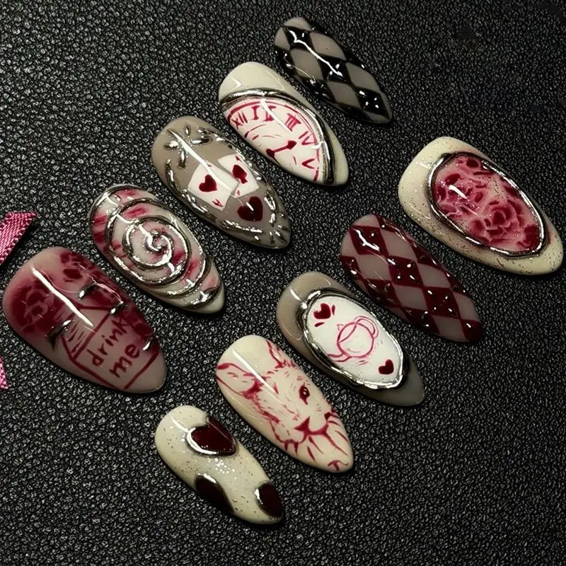 

24Pcs Gothic Dark Fairy Fake Nails French Rose & Checkerboard Press on Nail Short Almond Full Coverage Nail for Women&Girl