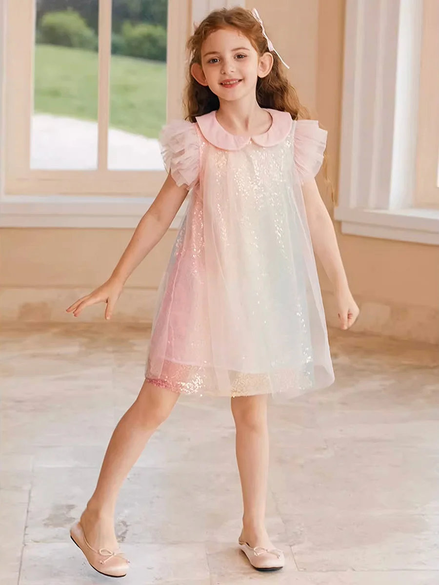 

Baby Girls Summer Dresses 3T 14yrs Kids Gradient Color Gauze Sequin Princess Birthday Party Wear Wedding Flower Girl Clothing