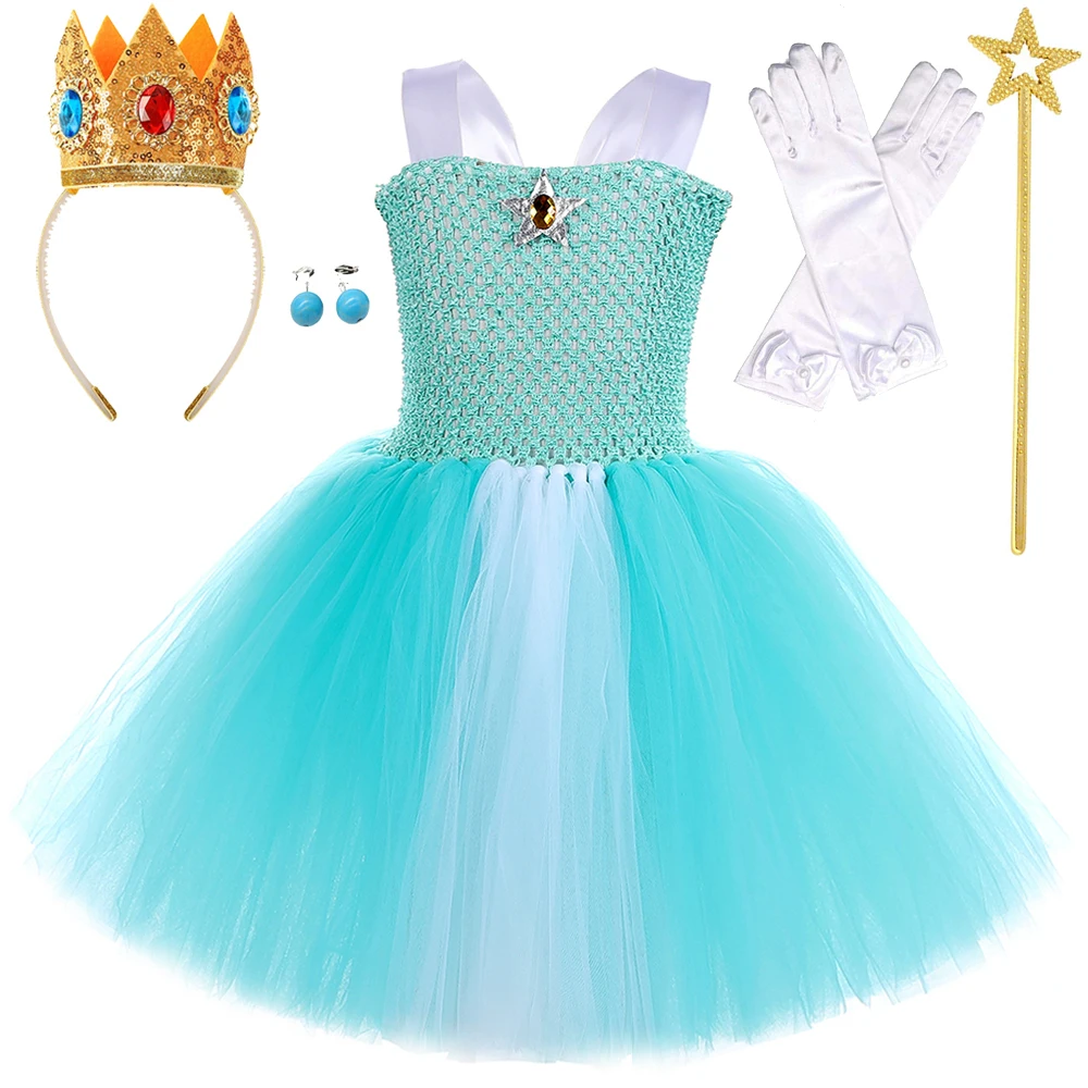 Princess Rosalina Costumes for Girls Turquoise Green Ballet Tutu Dress with Crown Wand Gloves Kids Christmas Holiday Outfit