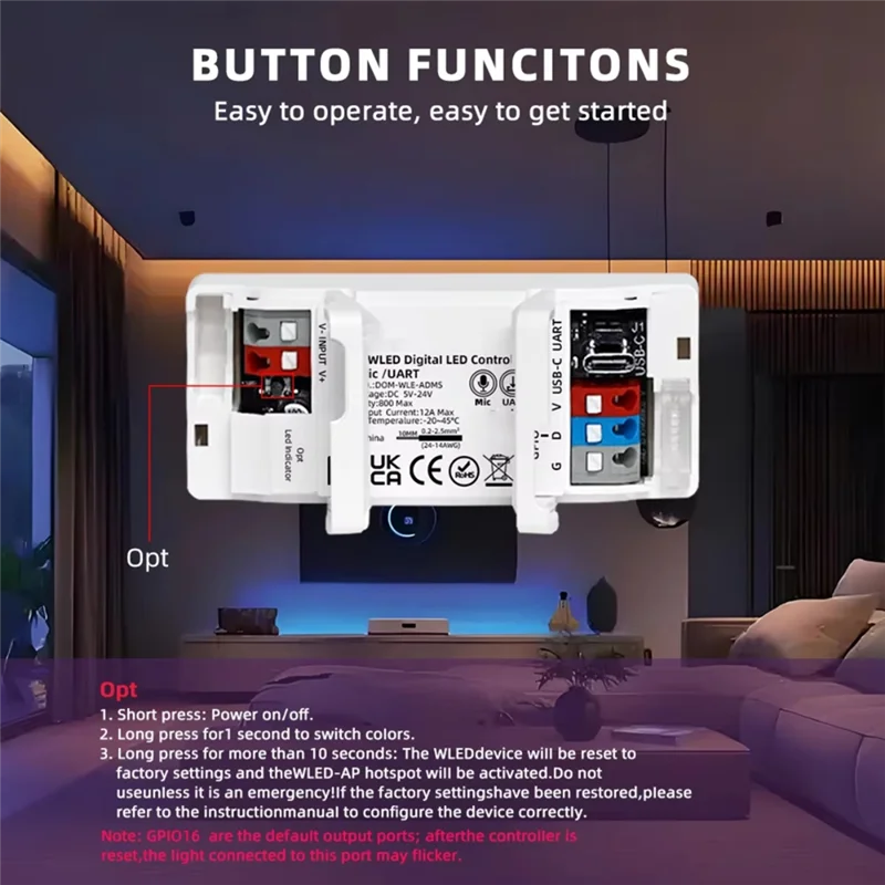 

YLS-ESP32 WLED Smart LED Controller 5-24V Wifi RGB Strip Controller With OTA Update 800 Ics Max GPIO16 Output For LED Lights