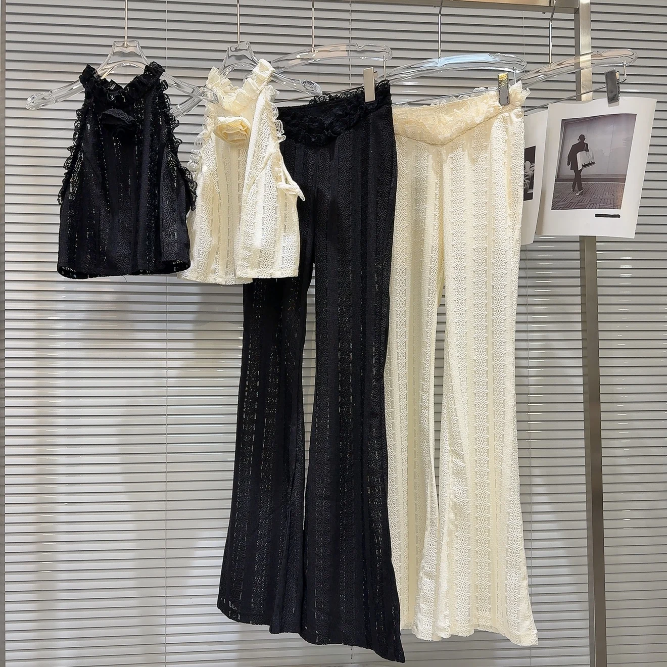 

Sweet Ele 3D Floral Lace Hem Vest And Micro Flare Pants Set Ne Hanging Summer 2025 Faion Women's Two-Piece Suit