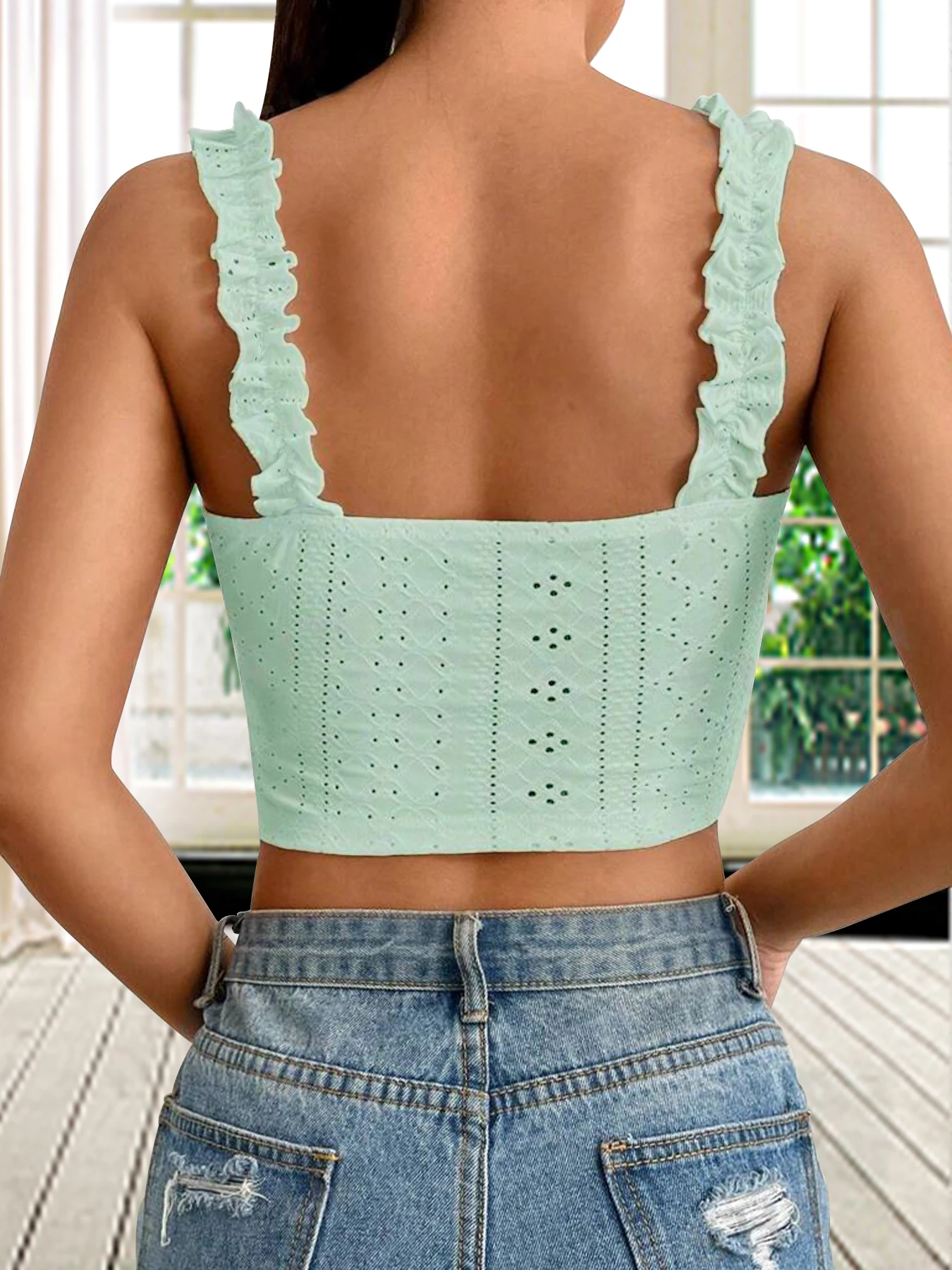 Green fungus edge wide edge small camisole vest slim fit elastic pleated top short with exposed belly