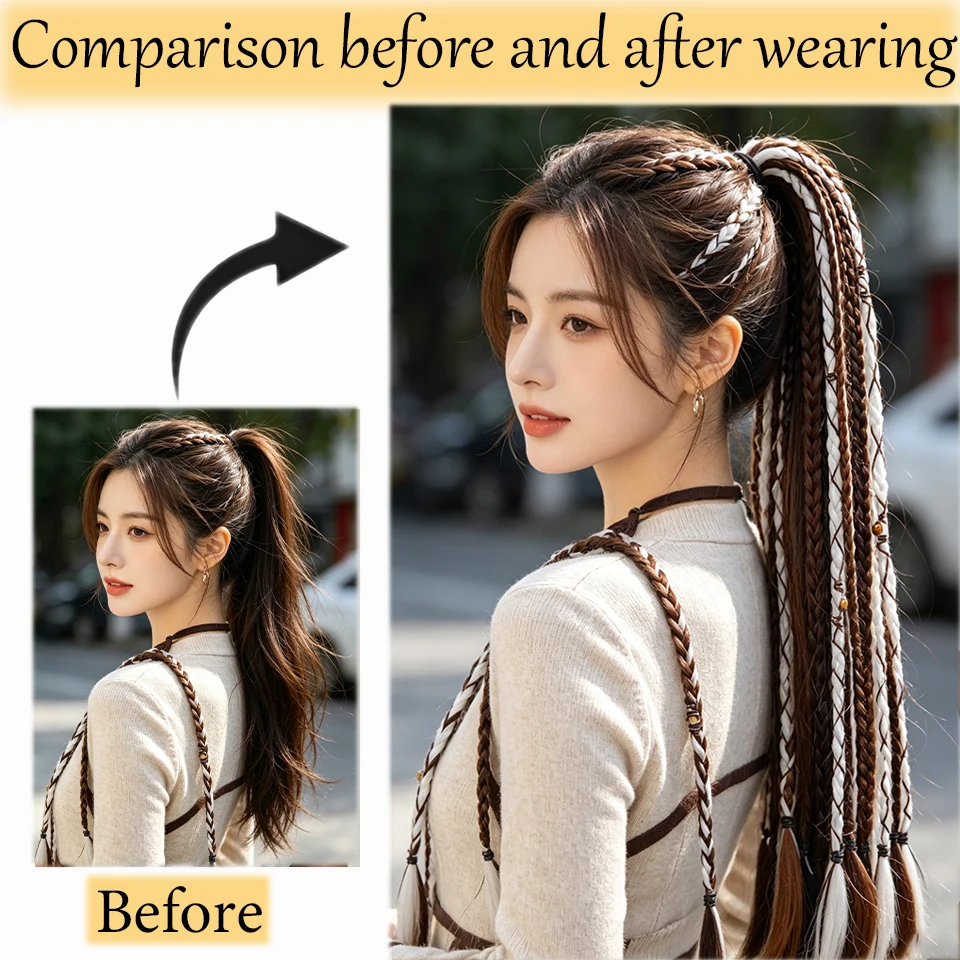Bohemia Rubber band in Wig Extensions Handmade Synthetic Weaving Long Braid Fairy Wig For Women Daily Party Halloween Christmas