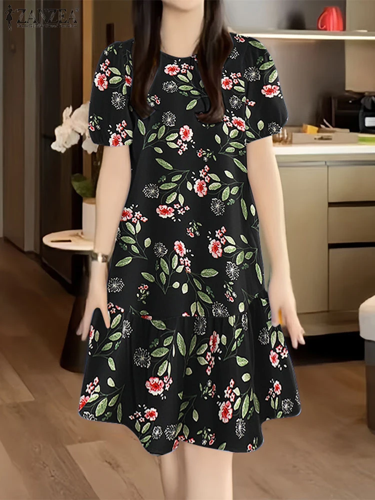 Sukienki damskie do kolan z kwiatowym wzorem na lato 2025, codzienne, z okrągłym dekoltem, krótkim bufiastym rękawem, falbanką na dole, ZANZEA, na co dzień, rozmiar 3XL