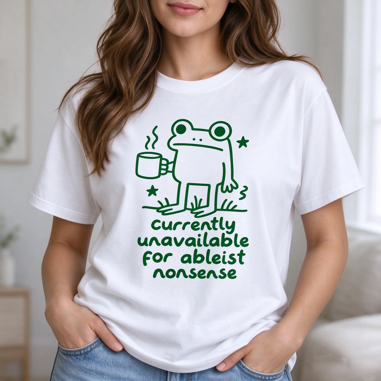 Unisex Pure Cotton Short Sleeve T Shirt Funny Frog Drinking Coffee Line Letter Print Crew Neck Loose Summer Casual Tops