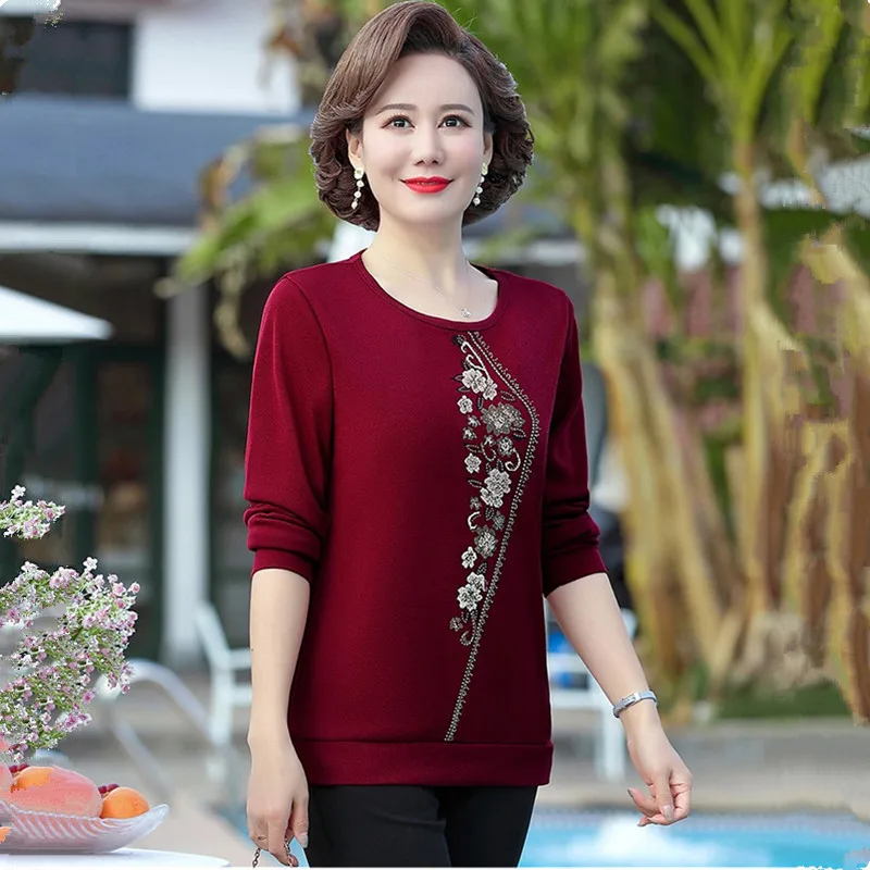 UHYTGF 2022 Spring Autumn T-Shirt Women Long-Sleeved O Neck Casual Top Female Fashion Thin Blouse Elegant Mother Clothes 5XL1696