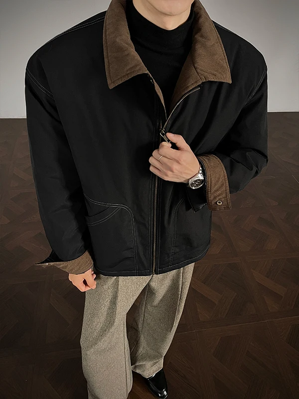 

Ретро-куртка в американском рабочем стиле для мужчин: теплая зимняя хлопковая повседневная верхняя одежда с воротником, модная, с цветными вставками, свободного кроя