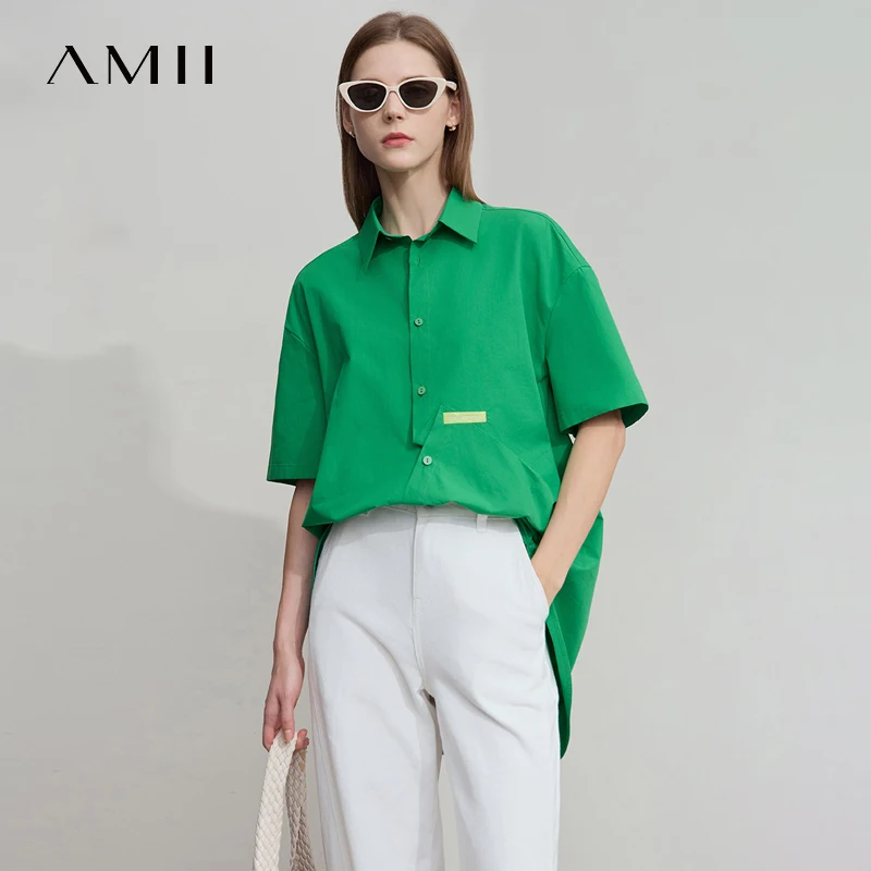 

AMII Cotton Shirt 2025 Summer Office Lady Solid Color Lapel Casual Embroidery Straight Shoulder Sleeve Women Split Top 12542058