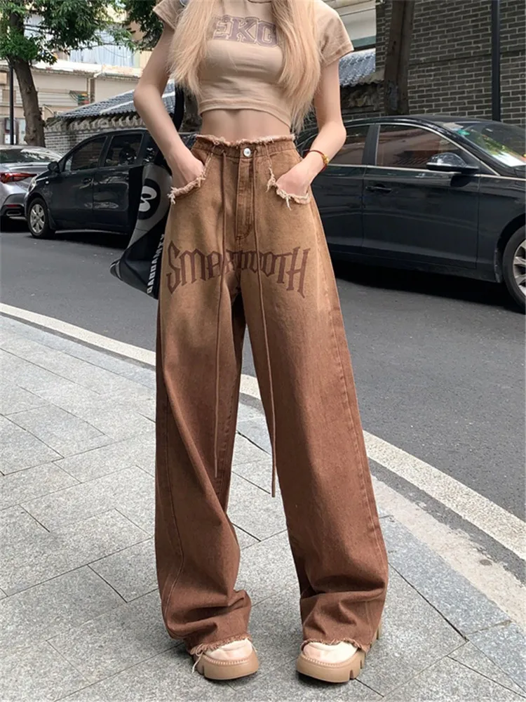 

Y2k Brown Vintage Jeans Hip Hop Denim Pants Female 90s Street Style Wide Leg Trousers Women Clothes High-waisted Straight-leg