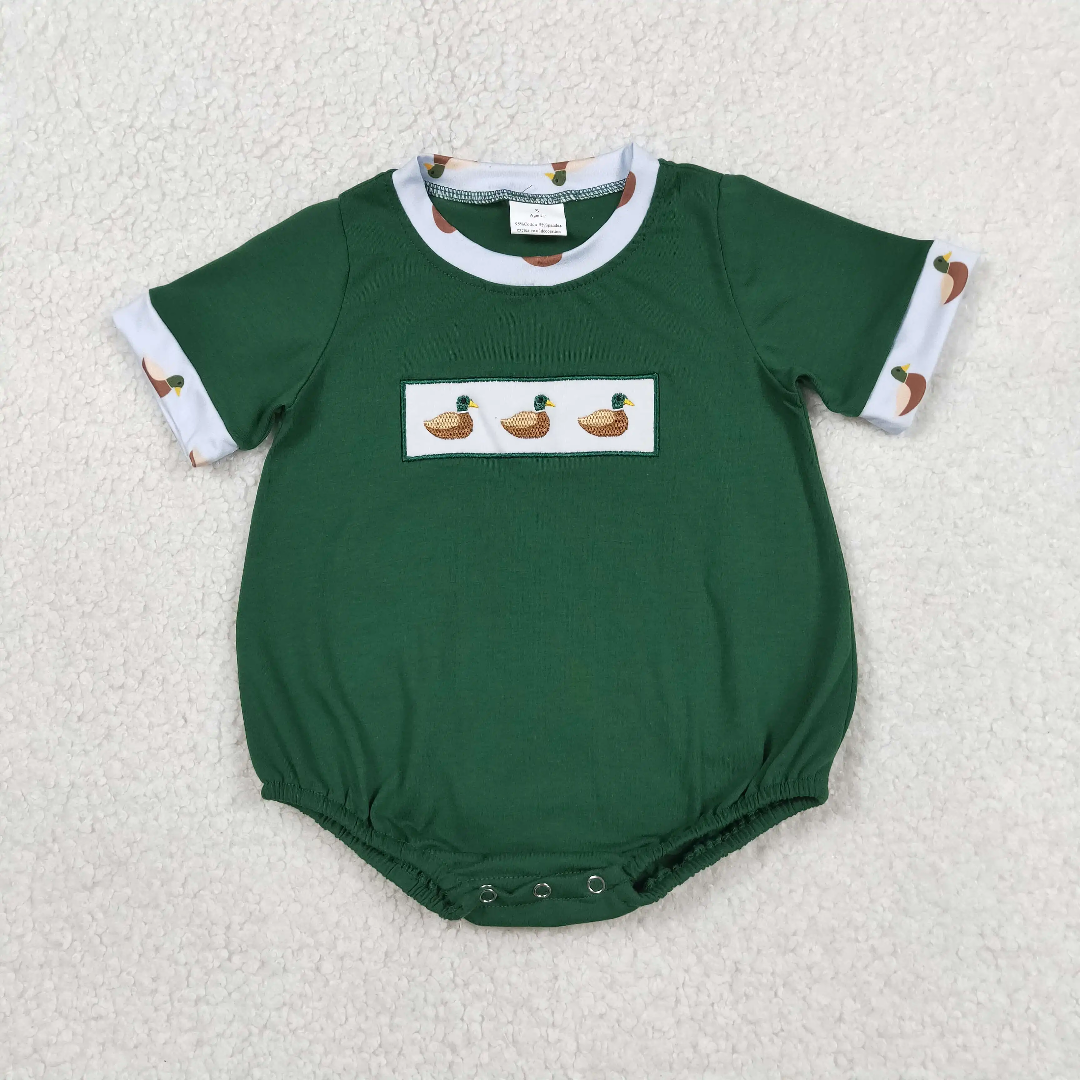 Wholesale Baby Boy Girl Stripes Short Sleeves Newborn Toddler Embroidery Ducks Green Bubble Rompers Kids Children Infant Clothes