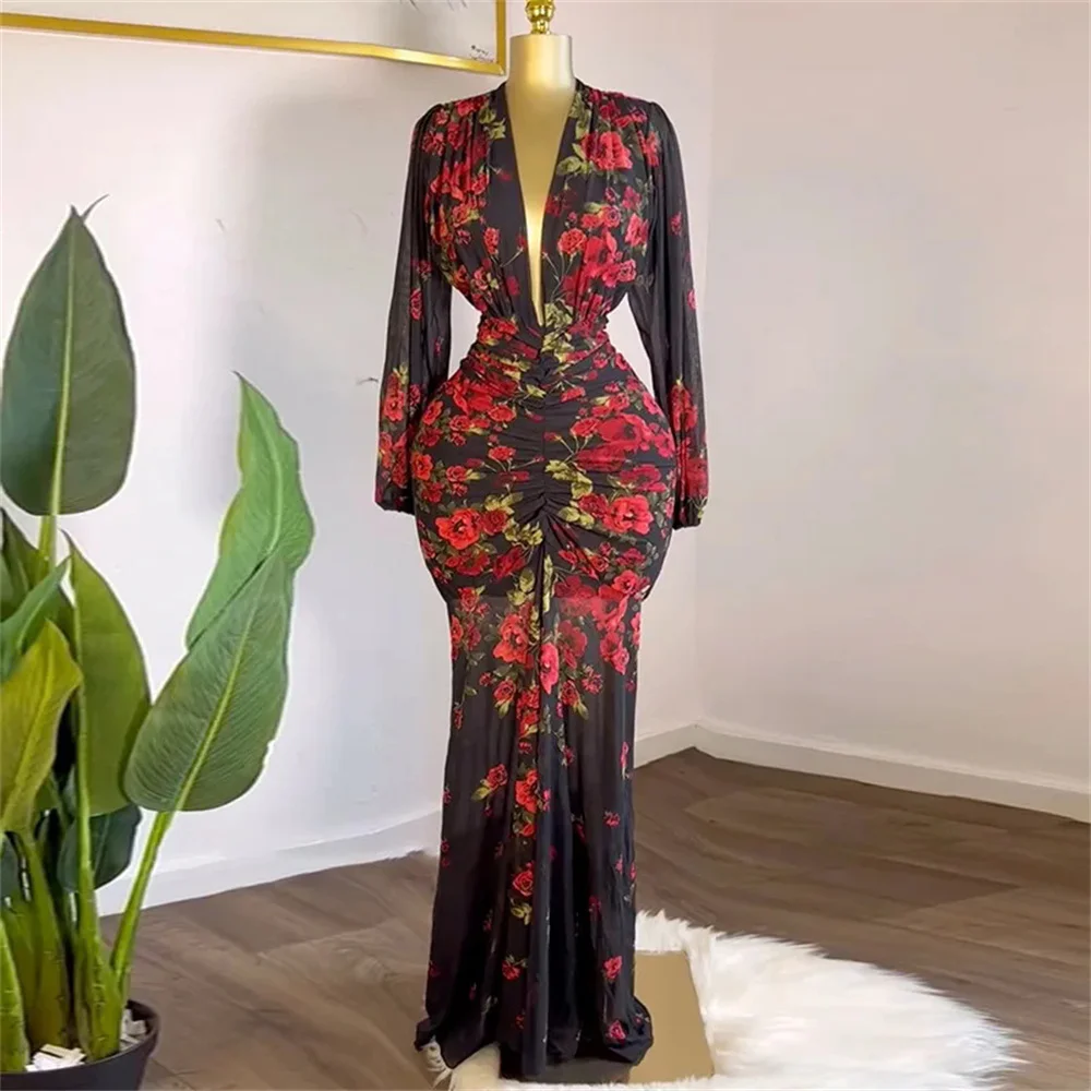 

Women Sexy Deep V Neck Long Sleeve Flower Printed Bodycon Maxi Elegant Dress 2025 Autumn Evening Birthday Party Wedding Dresses