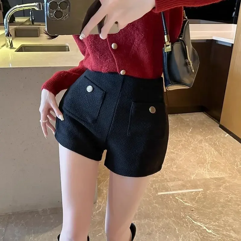 

Sweet Hot Girl Elegant Tweed Black Micro Shorts Women's Autumn and Winter High Waisted Straight Leg Pants Fashion Female Clothes