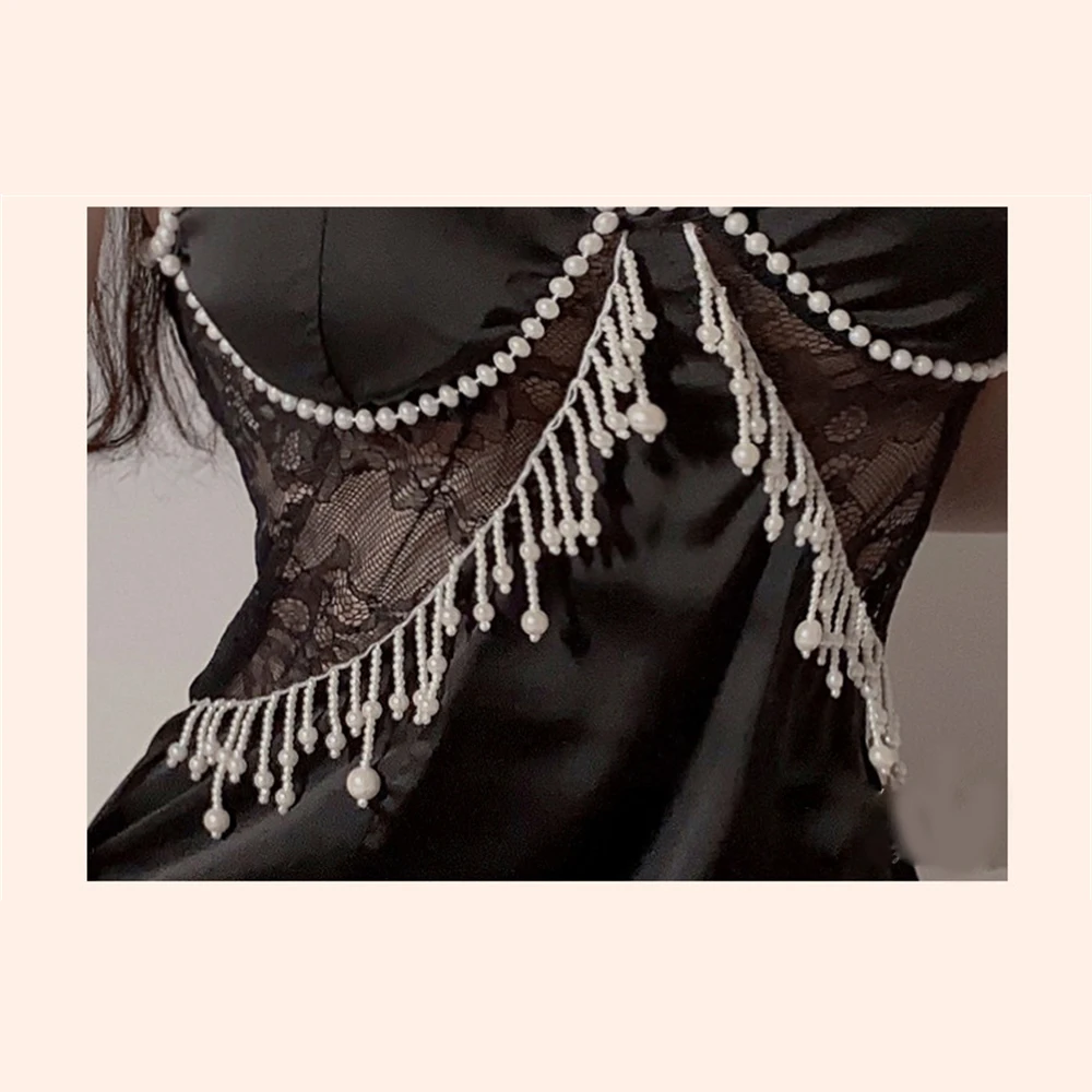 Ladies Deep V Pearl Beaded Gathered Sling Nightdress With Chest Pad Elegant Sexy Slit Silky Satin Lace Pajamas Homewear Lingerie