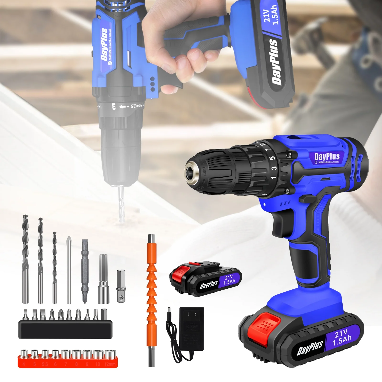 Cordless Drill Driver 21V Electric Screwdriver,Cordless Combi Drill Kit w/25+1 Torque,45 N.m,2 Speed,LED Light,26 Accessories