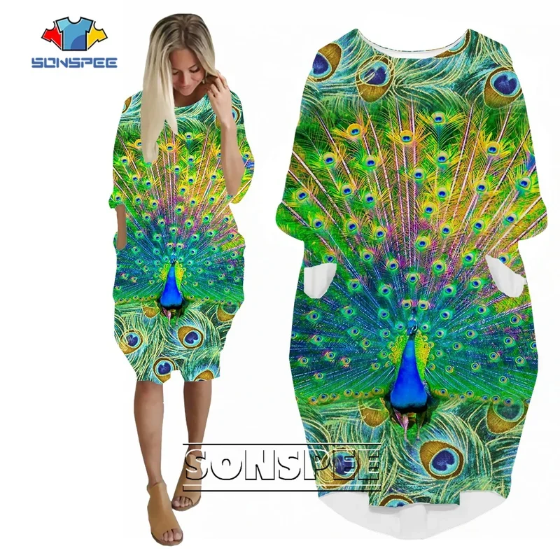 

SONSPEE Beautiful Multicolour Peacock 3D Print Style Long Sleeve Dress Funny Peafowl Feather Harajuku Women Loose Streetwear