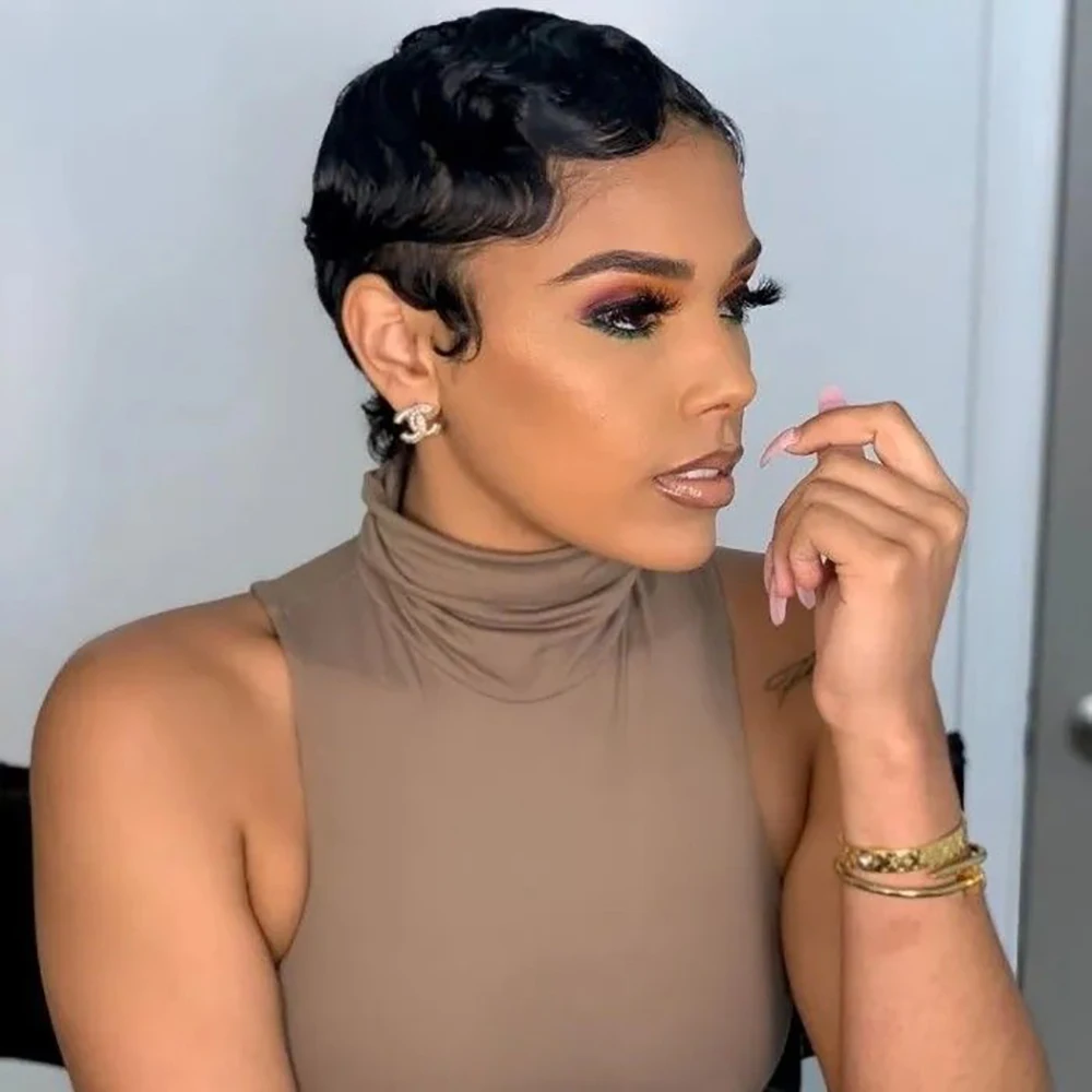 شعر مستعار بموجات الأصابع، شعر بشري قصير بقص عابث، باروكات شعر بشري برازيلي للنساء، مصنوعة آليًا بالكامل، جاهزة للارتداء #1