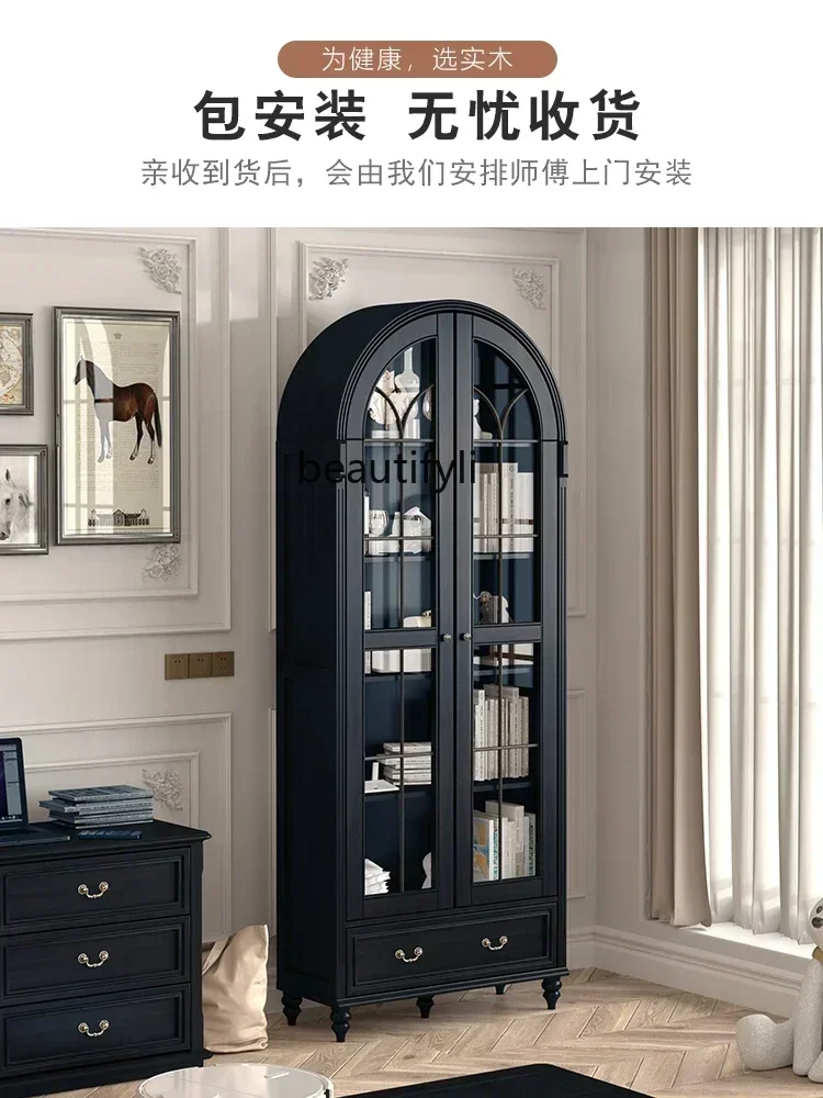 

V cqyAmerican arched bookcase solid wood with glass door retro double door storage storage display cabinet