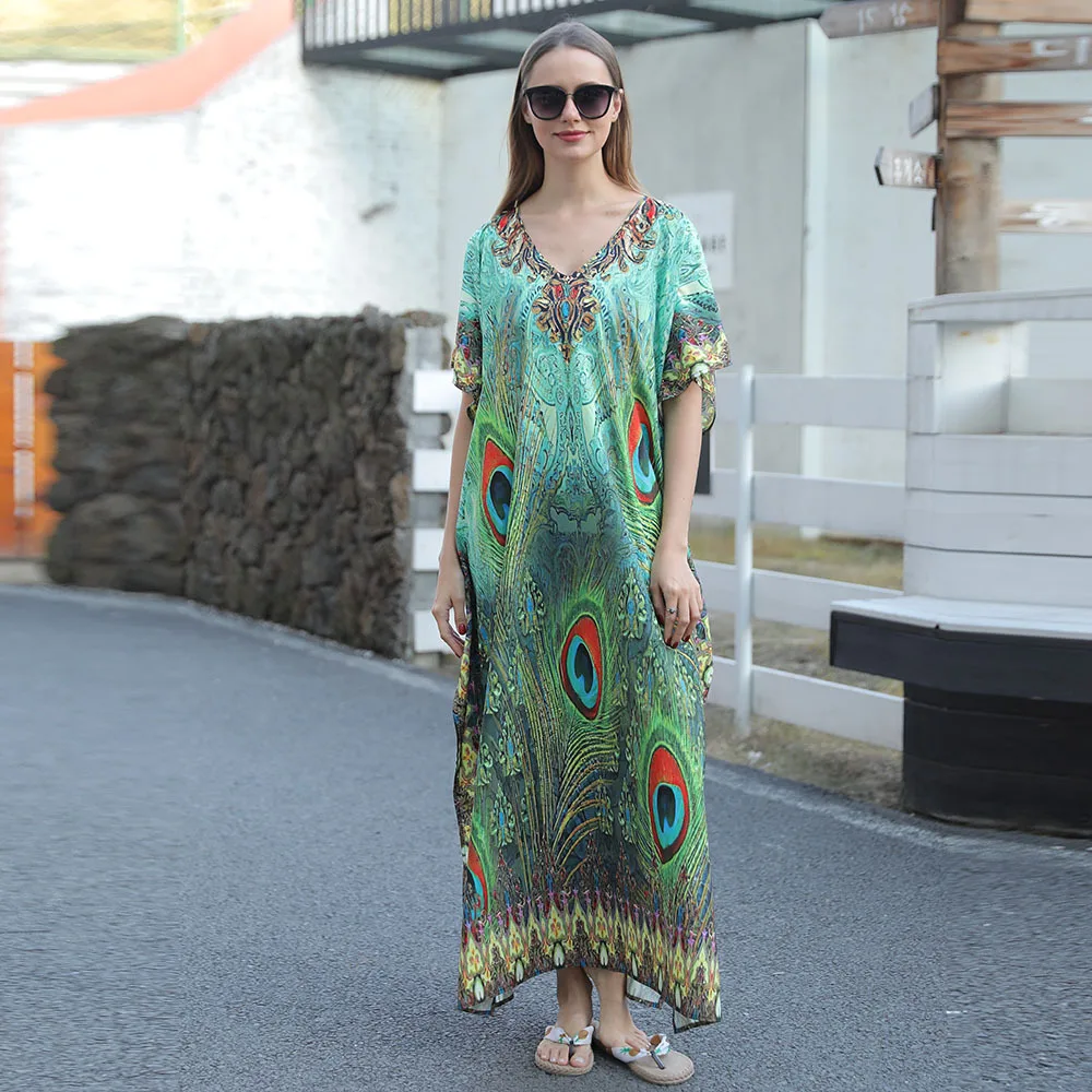 2023 Spring Summer Green Feather Print Loose Oversized Robe Beach Skirt Bikini Women Sunscreen Top