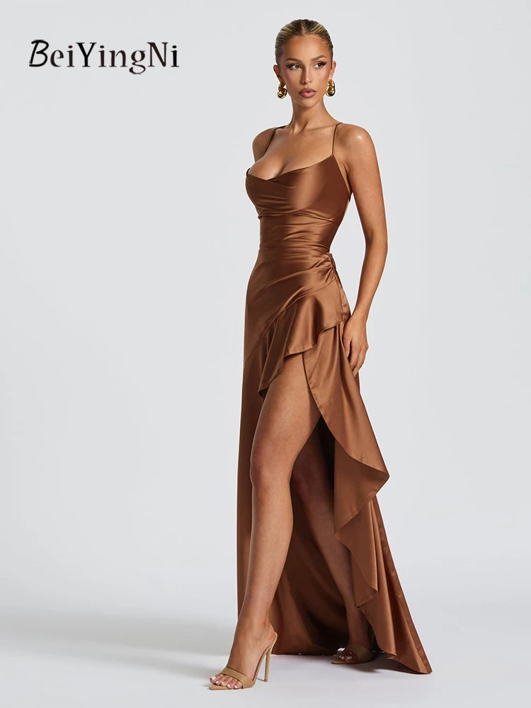 Beiyingni Elegant Satin Long Party Dresses Women Ruffles High Split Slim Luxury Satin Suspender Dress Lady New Chic Sexy Dress
