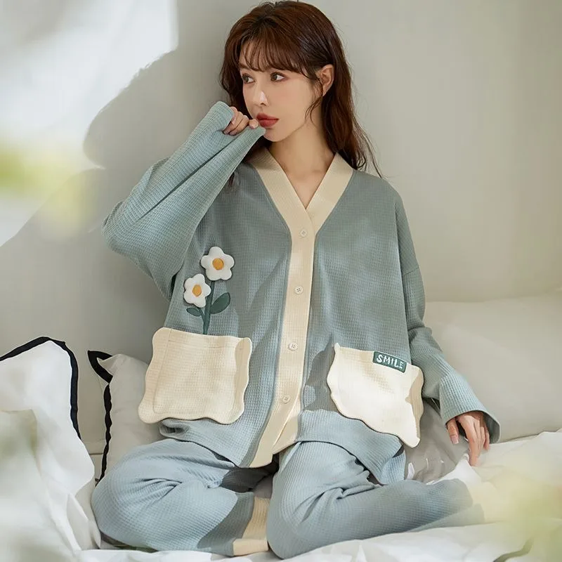 Frauen Pyjama Frühling Herbst reine Baumwolle Langarm Cardigan Homewear Sets weibliche High Sense V-Ausschnitt Freizeit Nachtwäsche Anzug 2024