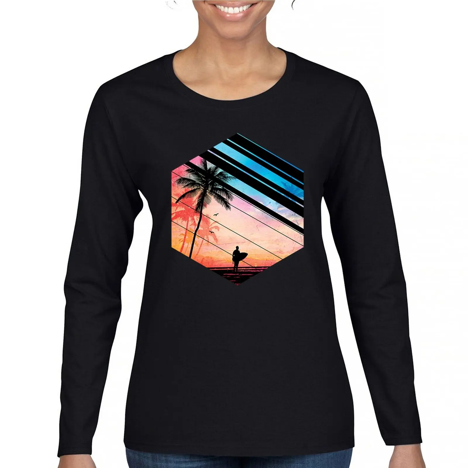 Surfer Paradise Women's Long Sleeve T-shirt Retro Surfing Wave Beach Surfboard