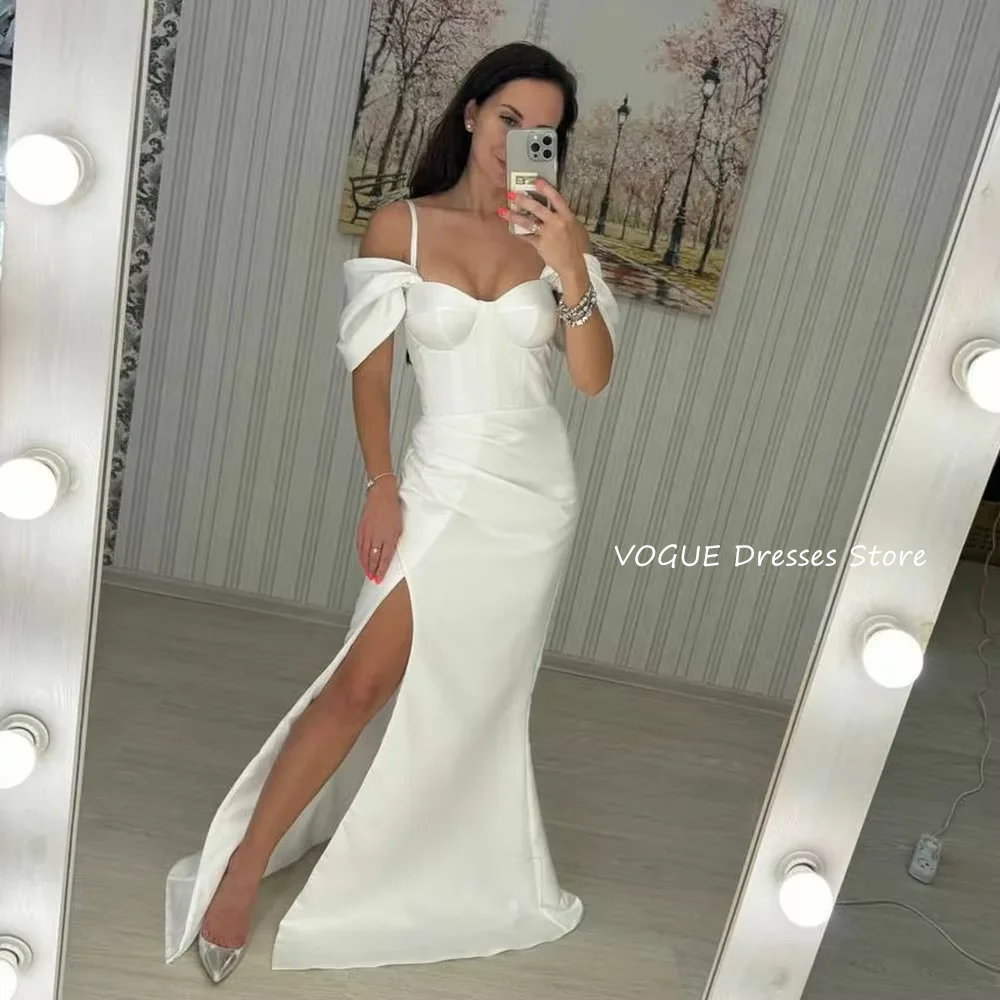 

Mermaid Satin Prom Dresses High Slit Off the Shoulder Bridal Gowns V-Neck Pleats Bride Dress 2024 Wedding Guest Dress